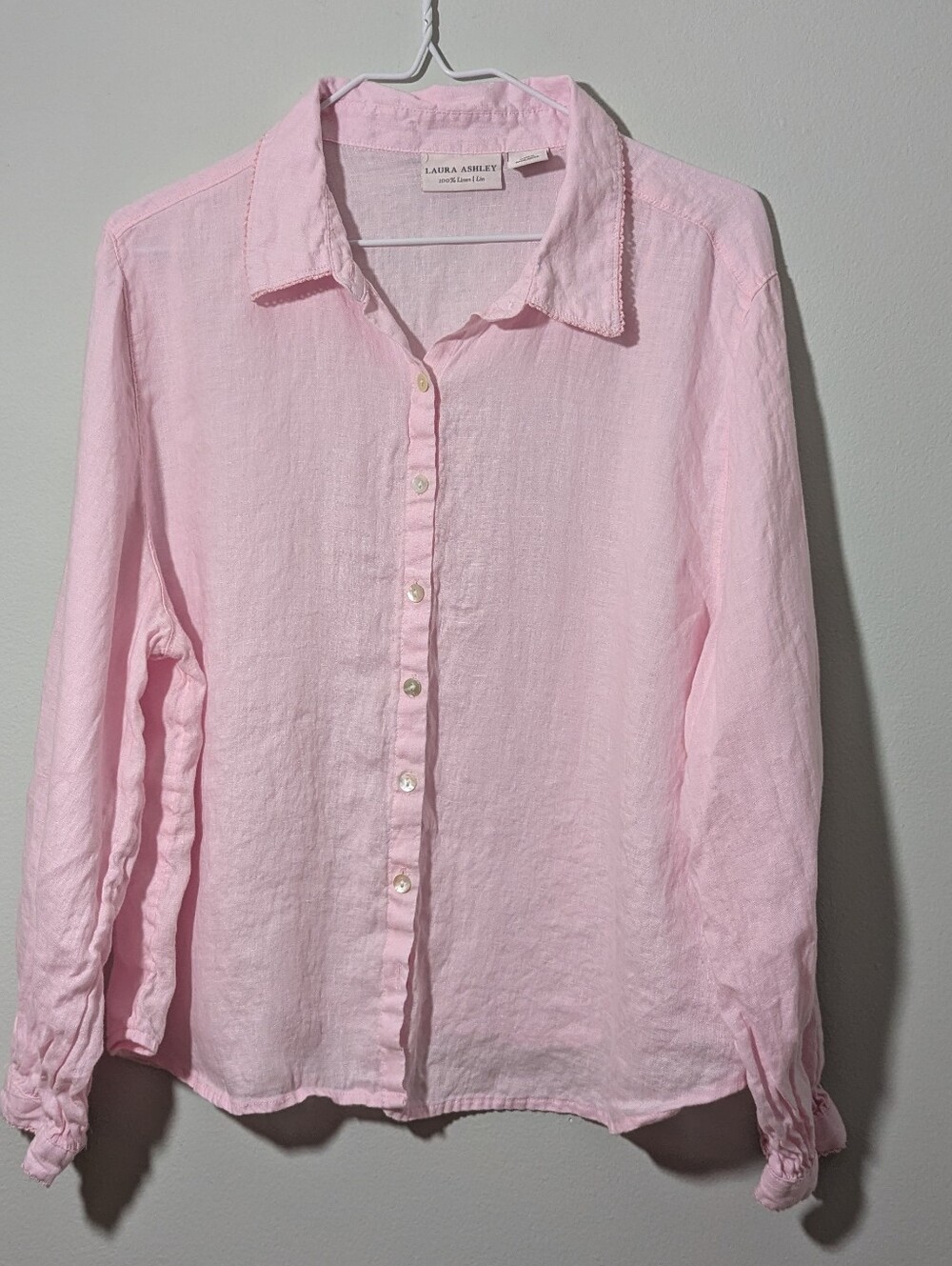 Laura Ashley Women's L/XL Pink Linen Button Up Lace Trim Collar Cuff Blouse